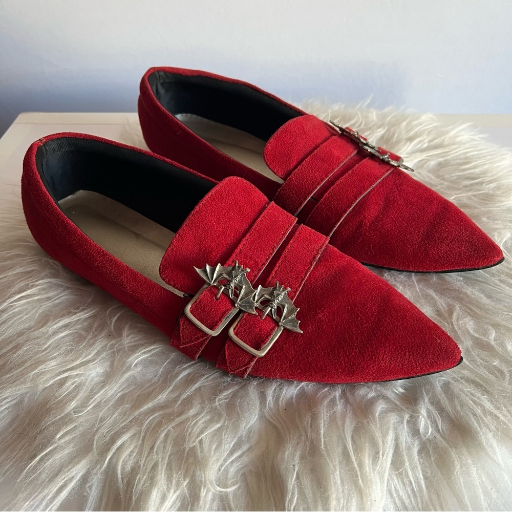 Red Suede Winklepickers Loafers with Bat Buckle Size 10.5